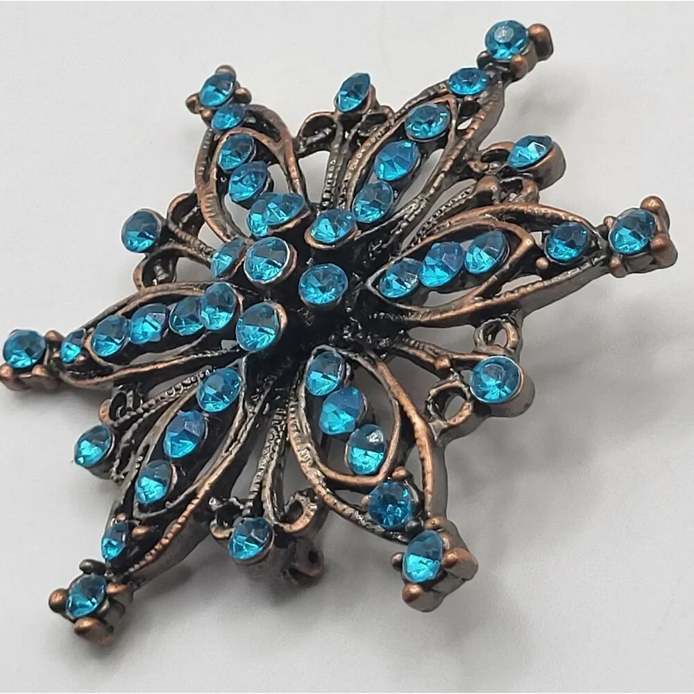 Retro 50s Style Starburst Copper Blue Turquoise Rhinestone Brooch 3in